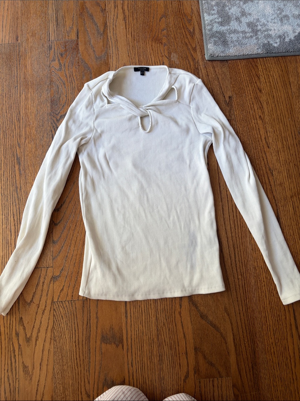 Massimo Dutti Long Sleeve Tie-Neck Ribbed Top - Cream